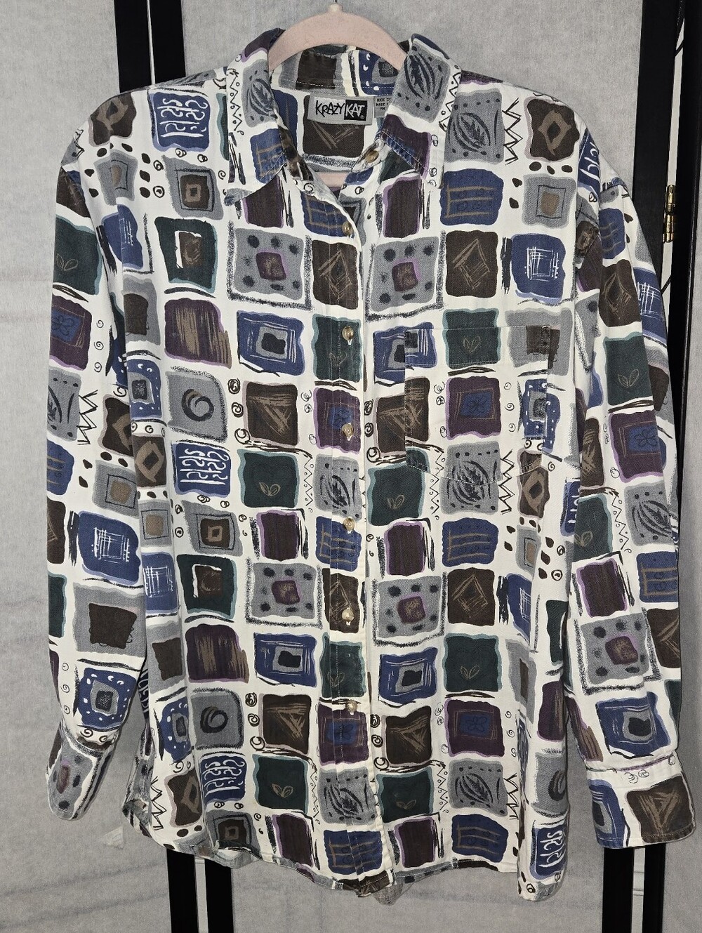 Vintage Krazy Kat Button Up Abstract Geometric Cotton Shirt Size Large Eclectic